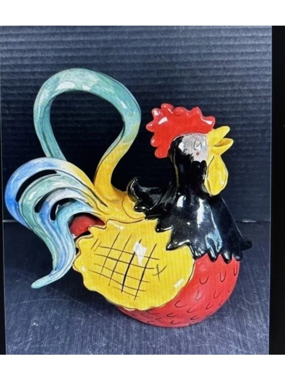 Blue Sky ROOSTER Ceramic Teapot, unique beautiful Colorful art Whimsical